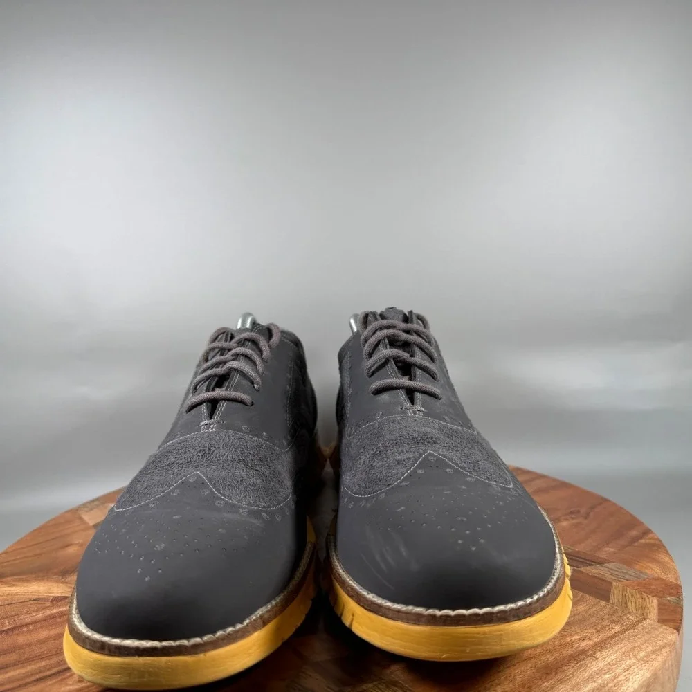 Cole Haan Zerogrand Wingtip Oxford Mens‎ 11M Gray Suede Leather Yellow Sole